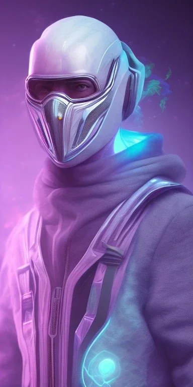 purple galaxy masked super villain, weapons in hands, teal and purple smoke, full portrait, hyper realistic, 4k