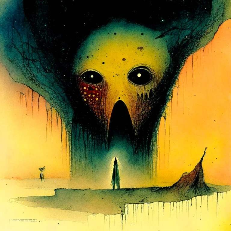 Dramatic vintage watercolor and ink illustration, frighteningly creepy, ITS STRANGE FORCED TO ASSUME AN UNSYMPATHETIC VIEW THROUGH BORRORWED EYES, high shock value, artistic, oddball masterpiece, sfumato, warm colors, eerie, complex contrast, dynamic composition, by Zdzislaw Beksinski and pawel Kuczynski and Joan Miro