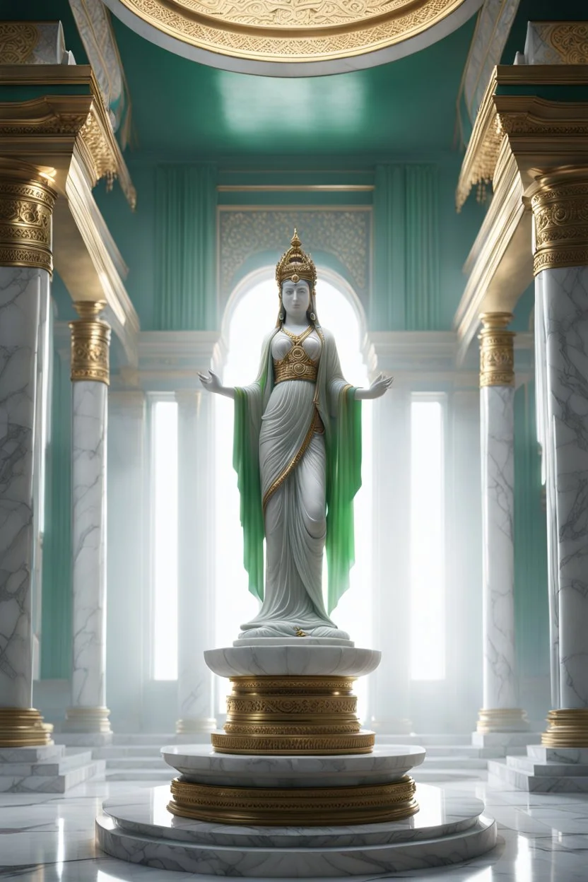 highly detailed marble and jade statue on a plint of the goddess of love. full body shot, invisible gloves, , volumetric fog, Hyperrealism, breathtaking, ultra realistic, unreal engine, ultra detailed, cyber background, Hyperrealism, cinematic lighting, highly detailed, breathtaking, stunning temple environment