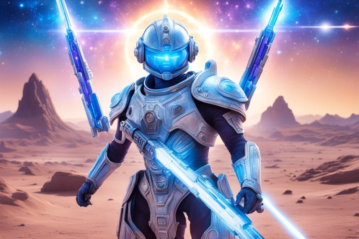 cosmic warrior men, with beautiful face, smiling, with light blue eyes and strong cosmic hi tech weapons, in a magic extraterrestrial landscape with coloured land, stars and bright beam in the sky