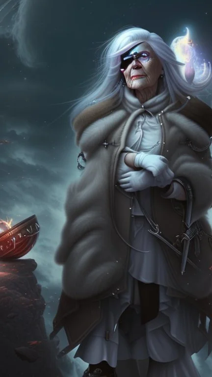 An old woman with white hair and an eye patch