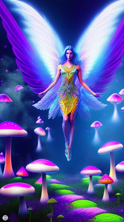 psychedelic angel flying in a magic forest full of coloured mushrooms, fluorescent, ultra detailed, photorealistic