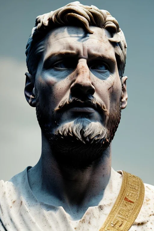 Ultra Realistic image, roman sculpture, white marble material, Lionel Messi, gold Laurel crown, miguel angel style, chisel style, emperor, waist up portrait, epic, celestial style, cinematic lighting, God light, god rays, 4k resolution, smooth details, ornate details, soft lighting, unreal engine 5, blue background.