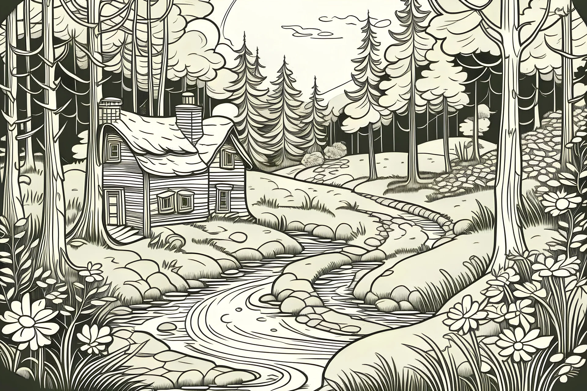 page black and white in the background colored to draw a peaceful forest scene with a winding path leading to a cozy cottage bathed in sunlight.