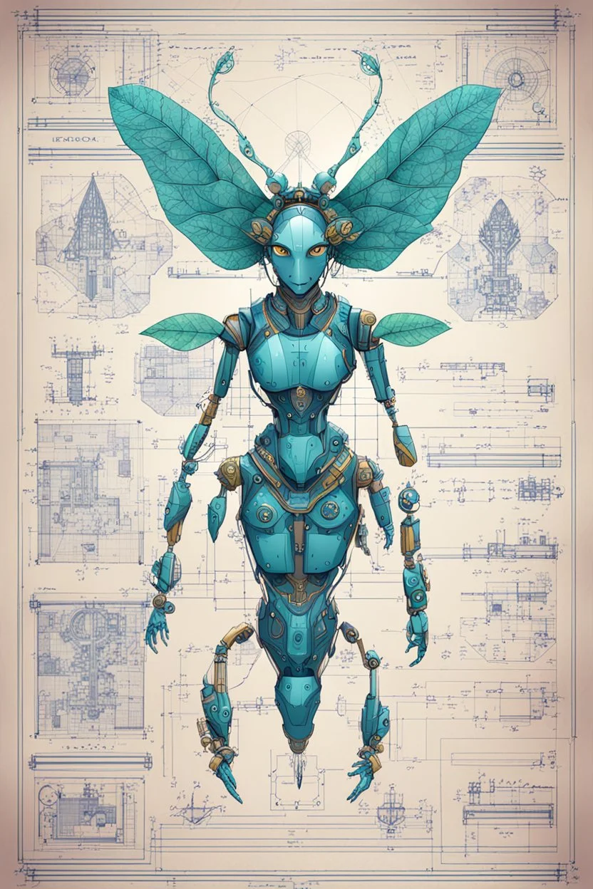 Hand drawn technical illustration , with detailed blueprints and engineering schematics of a robotic hybrid walking leaf insect girl, with highly detailed facial features, drawings, and technical notation, 8k, vibrant natural colors