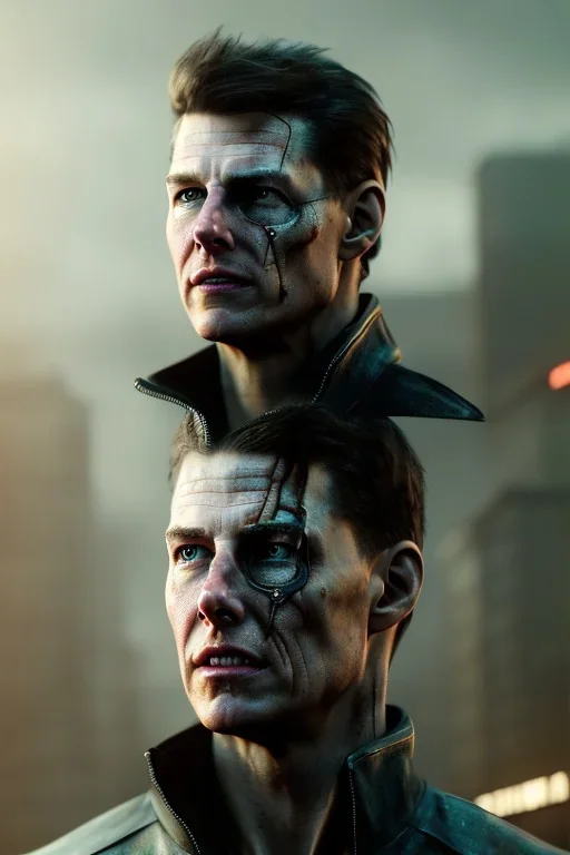 A portrait post-apocalypse cyborg Tom Cruise in a cyberpunk city, sci-fi fantasy style, 8k, volumetric lighting, particales,highly detailed,cinematic, deep scars on face,deep colours.