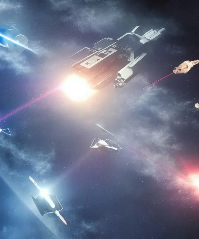 Fleet of space ships all firing lasers at a space station