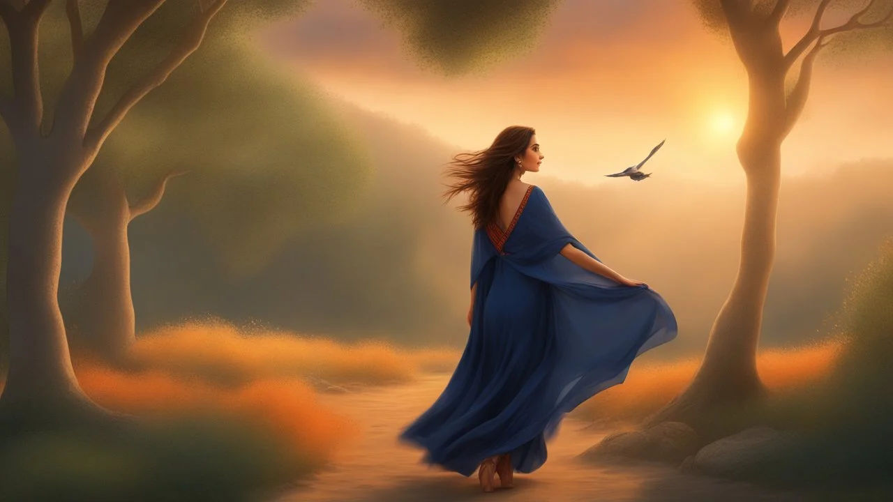 Hyper Realistic 3rd-rule-view of a Beautiful-Young-Happy-Pashto-Woman-with-beautiful-eyes-Smiling with-navy-blue-dress-&-orange-shawl & breeze-whirling in a jungle-with-tall-trees & cloudy-sunset-&-sun-rays showing dramatic & cinematic ambiance