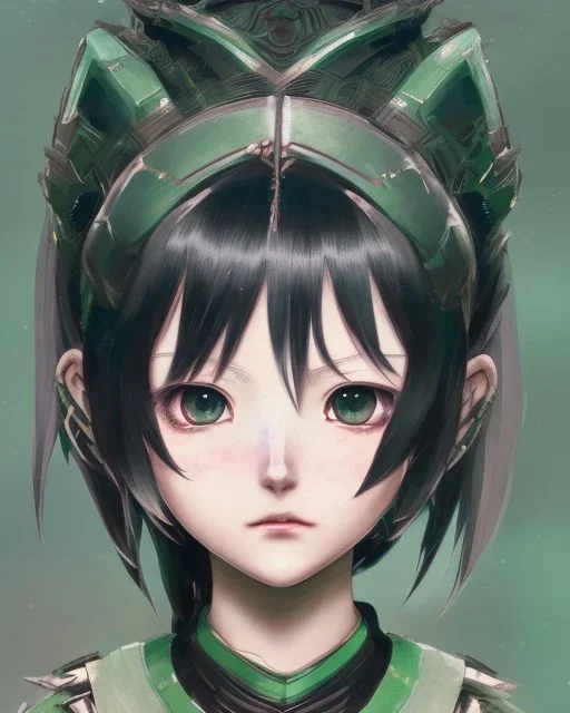 Detailed anime child girl, dark green hair, black and green dragon scale armour, intricate details, full body portrait, keep head in frame, slight smile, black Japanese motif, concept art, highly detailed, digital painting, concept art, sharp focus, illustration, art by Yoji Shinkawa, WLOP and greg rutkowski and alphonse mucha and artgerm and yanjun Chen and Junji ito and Makoto Shinkai, HDR, octane render