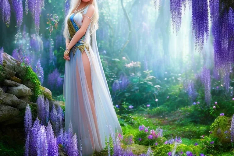 Fantasy cute elf with transparent wings, smiling, make up, long blond platinum hair, blue eyes, crown, beautiful dress, wisteria flowers and mushrooms in background, HQ, high key lighting, volumetric light high details