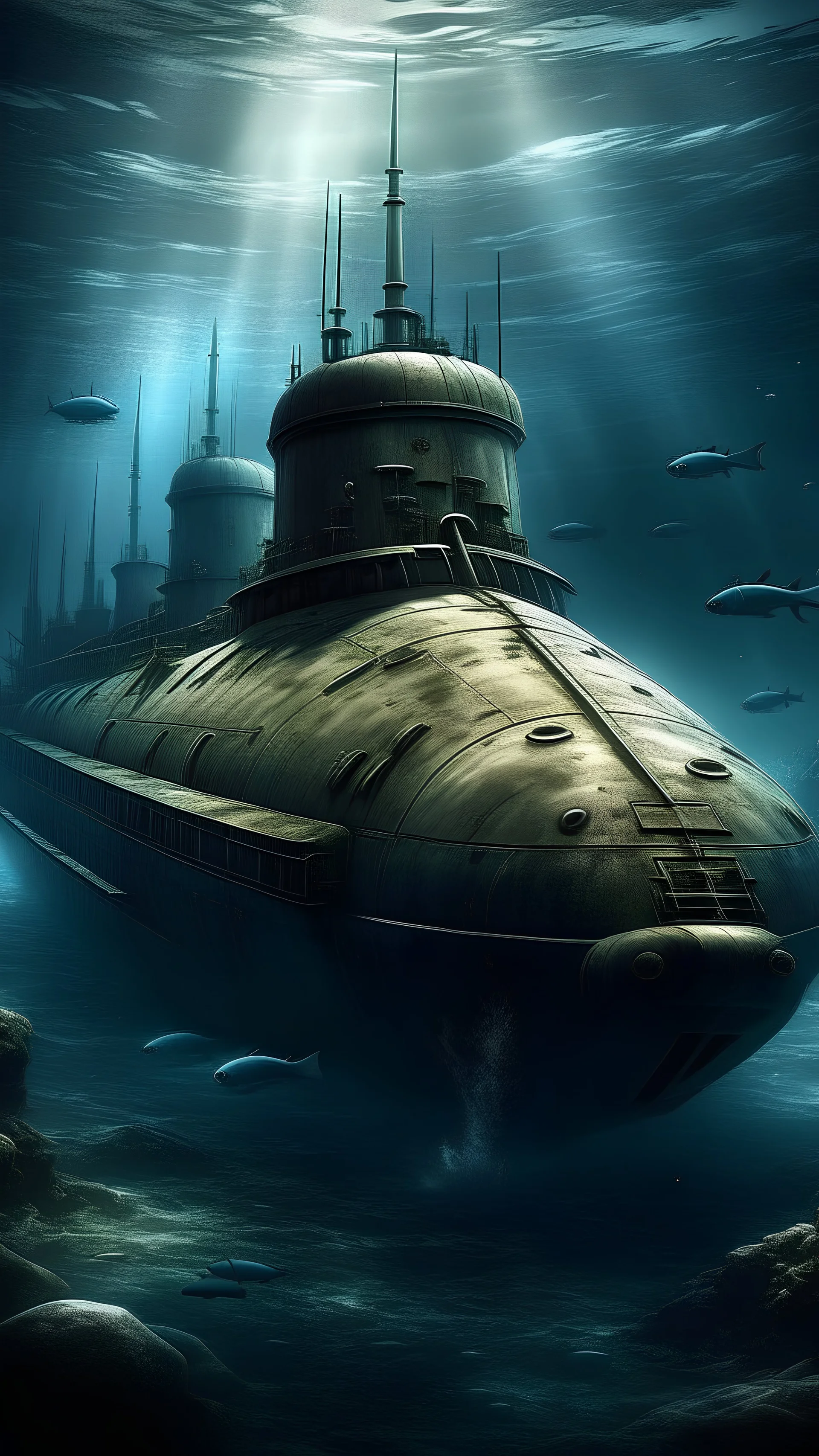 Create an image of english war submarines emerging from the depths.