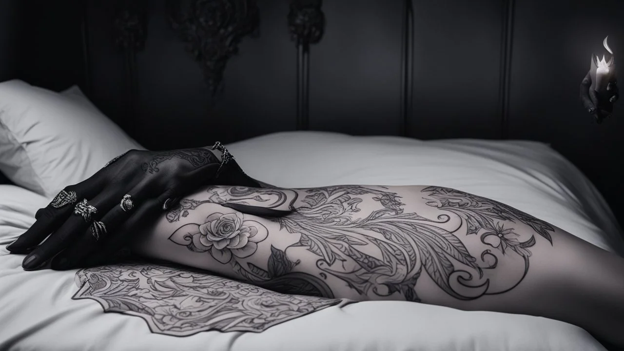 room one feminine menacing hand with magic tattoos grabbing the sheet of a bed. [in the darkness of a bedroom, black magic and succubus demon] You barely open your eyes before a dark hand grabs your ankle.