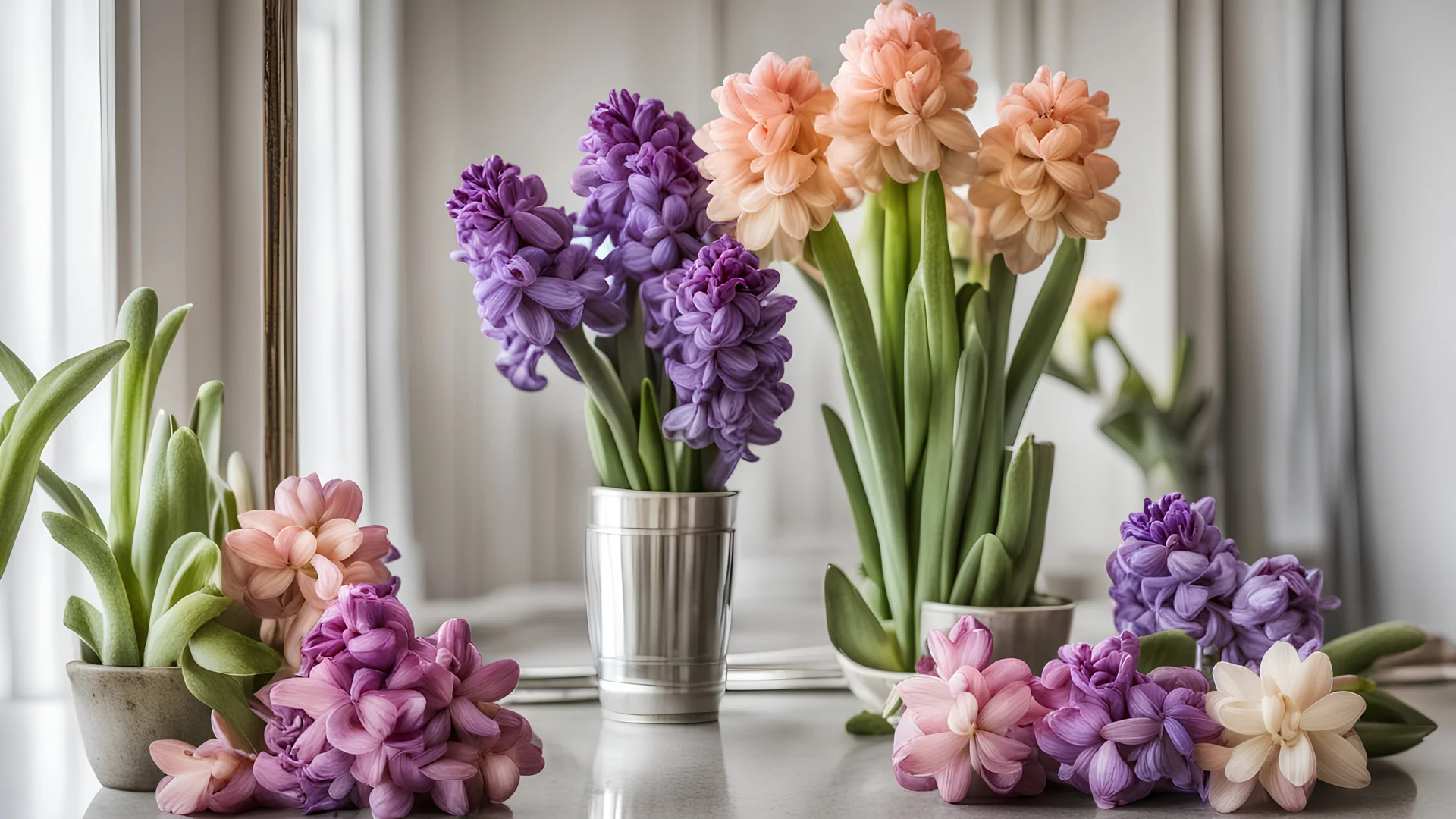 Colorful hyacinths in the mirror