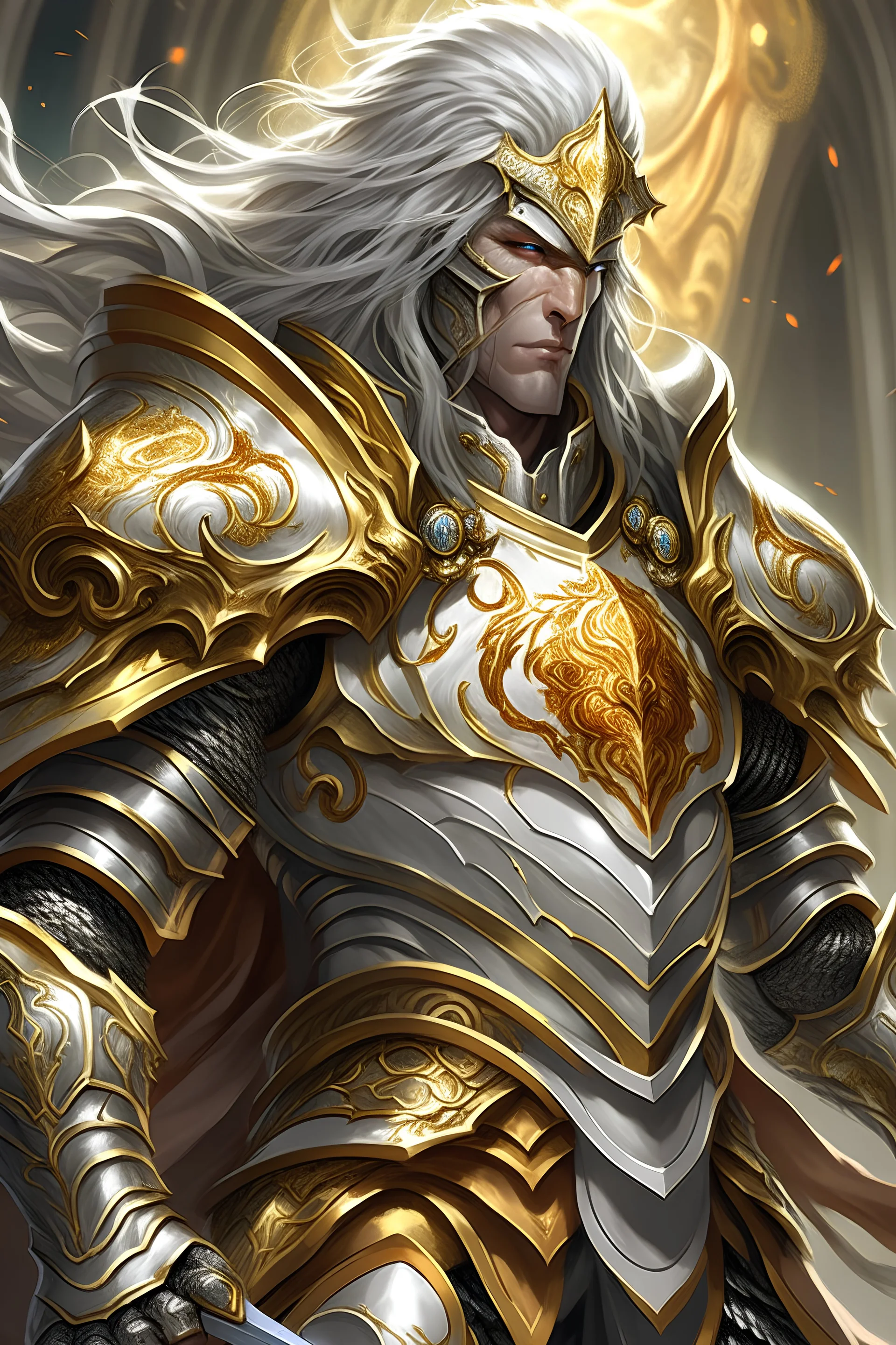In the image, a mighty paladin stands tall, adorned in gleaming silver armor with intricate gold engravings. The armor is both regal and functional, providing protection while exuding an aura of righteousness. The paladin's face is stern, framed by a flowing mane of golden hair, and their eyes radiate a sense of unwavering determination. Clutched in one hand is a finely crafted pistol, its barrel adorned with sacred symbols. The pistol itself appears to be a blend of traditional craftsmanship a