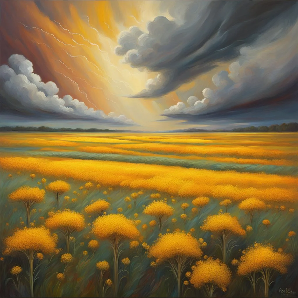 surreal fields of color, oil on canvas, endless warm fields full of golden yarrow under the sun, surreal thunder clouds --v 6.0 --style raw