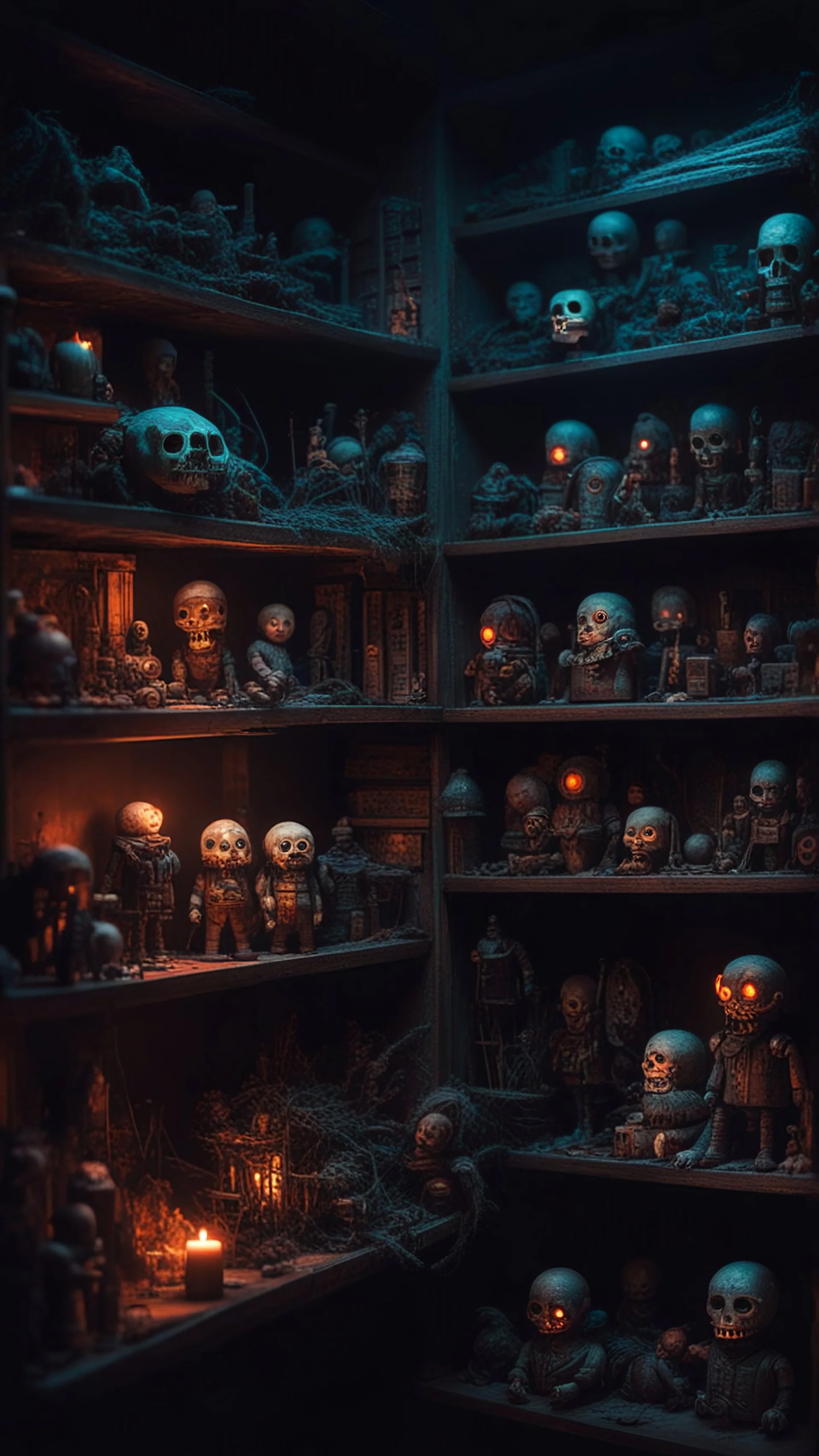 Si-Fi, The permanent under atmospheric lighting effects, a whole shelves of scary looking toys , intricate historical moody atmosphere, eerie grimdark ambiance, complex motherboard accents, speculative fiction art. Bokeh