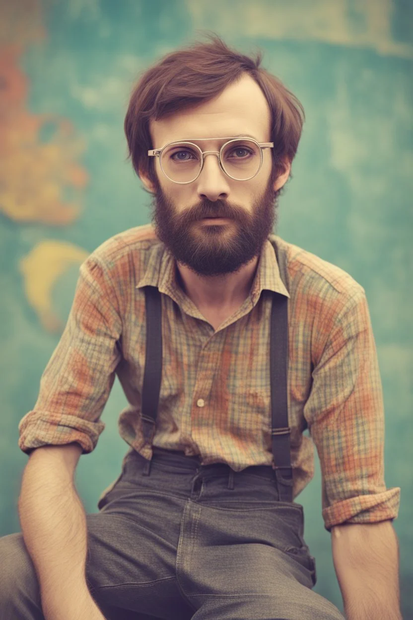 post punk hippie with glasses of colours and poor and short short short and poor hair on the head with receding hairline. Farsightedness glasses with big eyes. Shirt beard in the head. Vintage look and feel like photo style-of the 70s