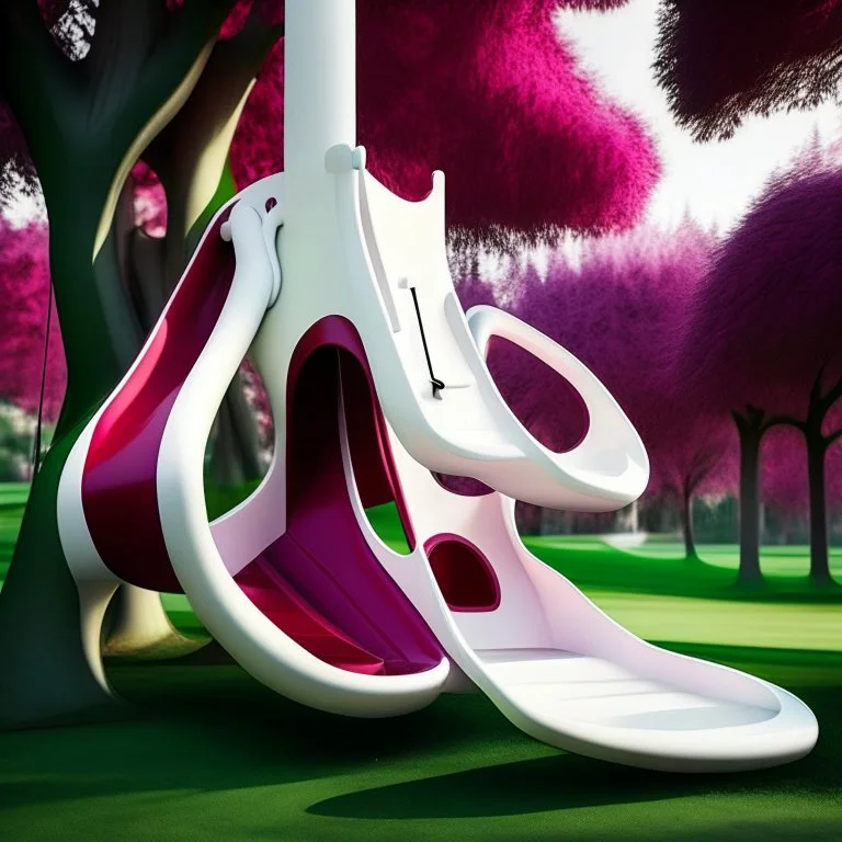 Parque infantil juegos columpios tobogán estilo Zaha Hadid obra de arte digital detallada color blanco crema y violeta rojo imperial impactante árboles verde profundo niños personas foto realista arte retro iluminación cinematografica 4k