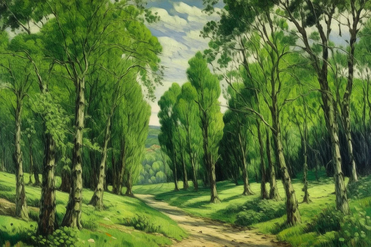 An olive green forest with garlic shaped trees painted by Alfred Sisley