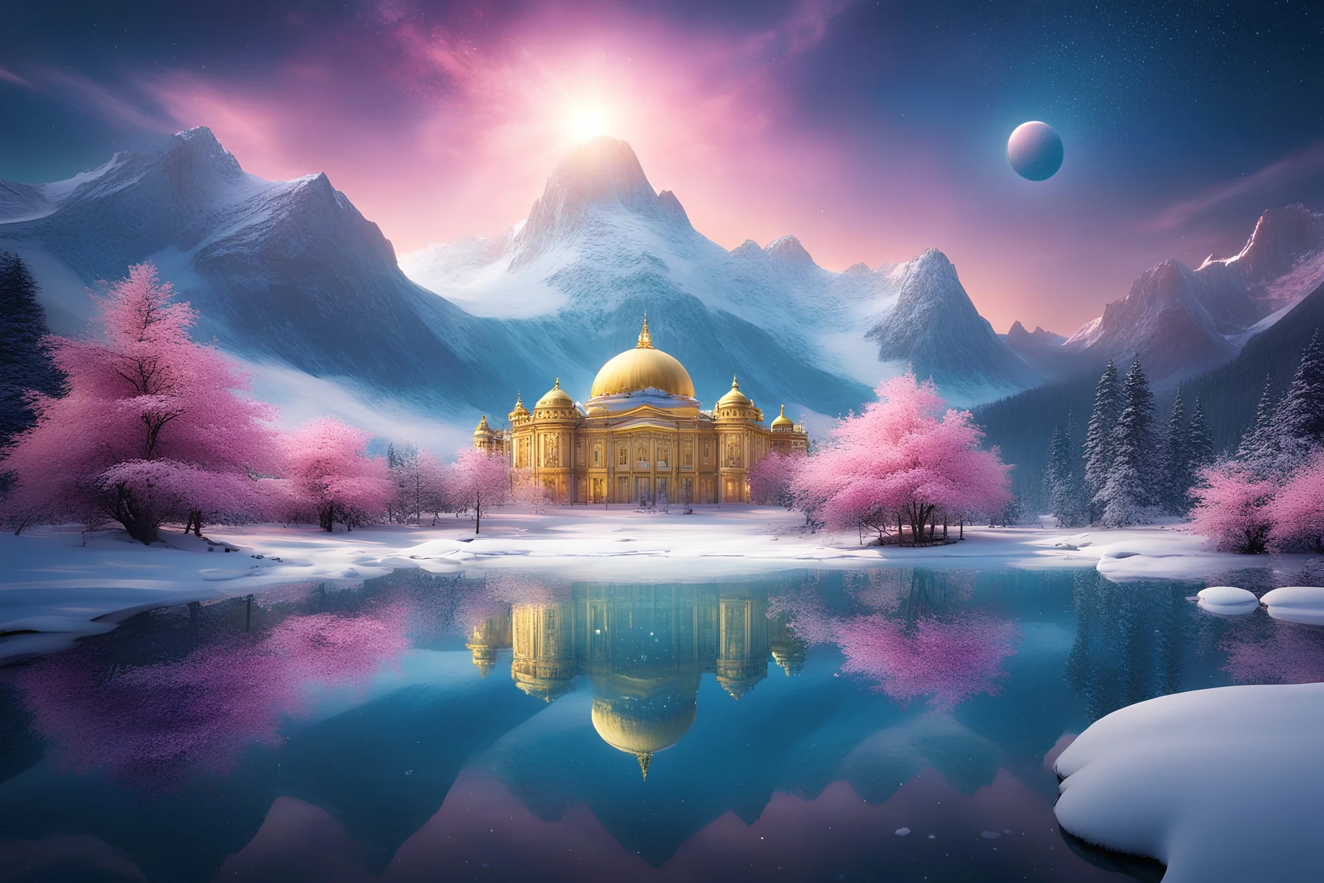 magnificent palace with golden dome, in the snow, bright,in the foreground icy lake of turquoise water,in front of the lake in the foreground a lot of beds of very delicate pink and yellow flowerss, magical and magical atmosphere, in the background snowy mountains, dark blue sky with stars, light particles and a small planet, stars in the sky, fir trees,little particles of light everywhere