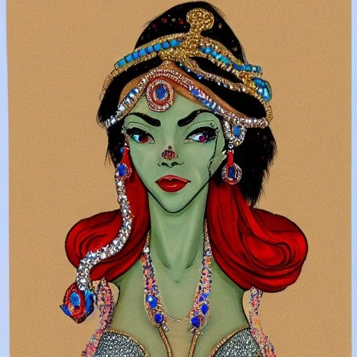 female genie with skin made of stone and covered in jewels, in the style of midjourney