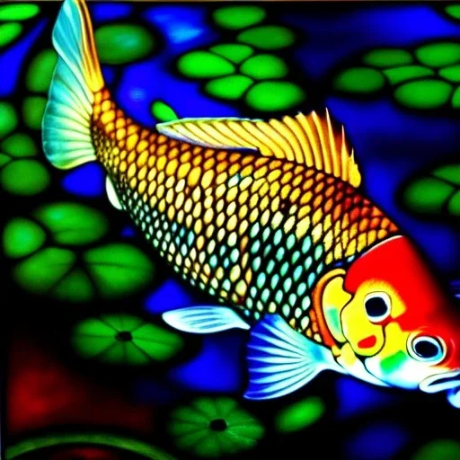 Ultra detailed Drawing in oil on canvas of Stained Glass Koi fish ,extremely detailed digital painting, extremely detailed face,crystal clear Big eyes, mystical colors ,perfectly centered image, perfect composition, rim light, beautiful lighting,masterpiece,8k, stunning scene, raytracing, anatomically correct, in the style of robert e howard and Ken Kelley and Ohrai Noriyoshi and Simon Bisley and tomzj1