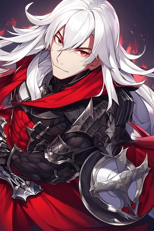 Vampire knight, muscular young man with long white hair, wearing black gothic full plate armor with red cape, cyan eyes