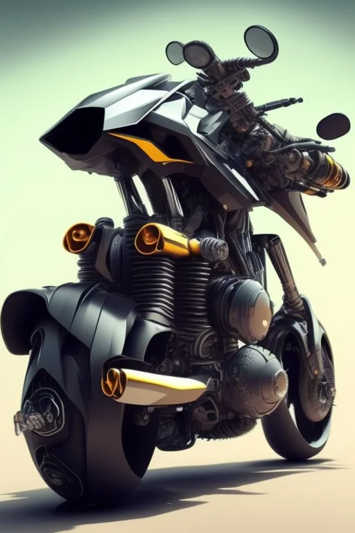 An advanced motorcycle with four wheels and a turbo jet in the back with rockets and machine guns