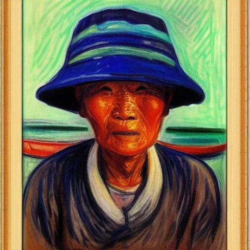 Portrait of OLd Chinese Fishermen on boat wearing bucket hat by edvard munch 8k