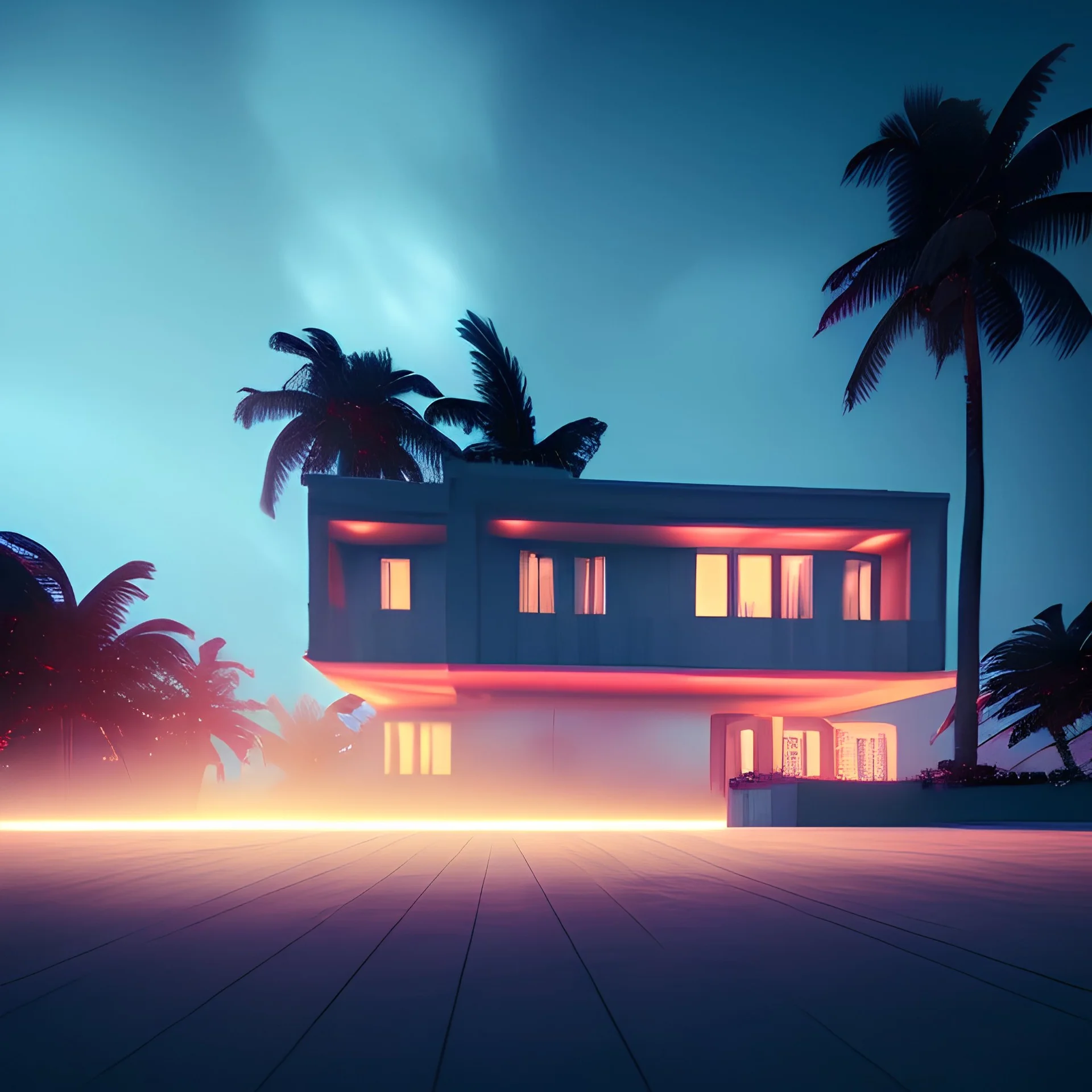 miami beach house, city, night time, destroyed buildings , unity, scriptable render pipeline , lighting , volumetric , global illumination, skybox , foggy .