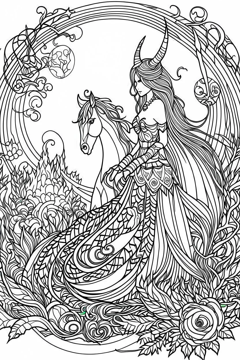 Fantasy coloring page, minimal detail. HD.