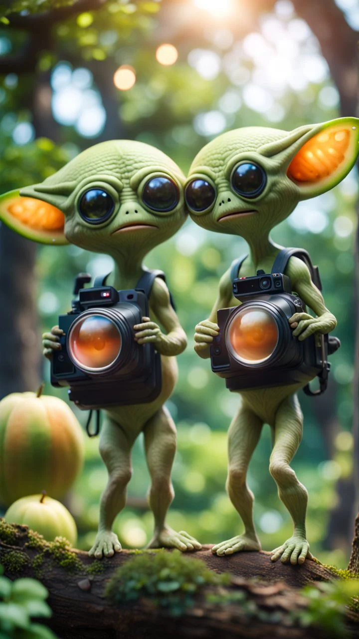 two melon alien gremlins with rocket backpack awesome space camera in giant treetop taking pictures of each other,bokeh like f/0.8, tilt-shift lens 8k, high detail, smooth render, down-light, unreal engine, prize winning