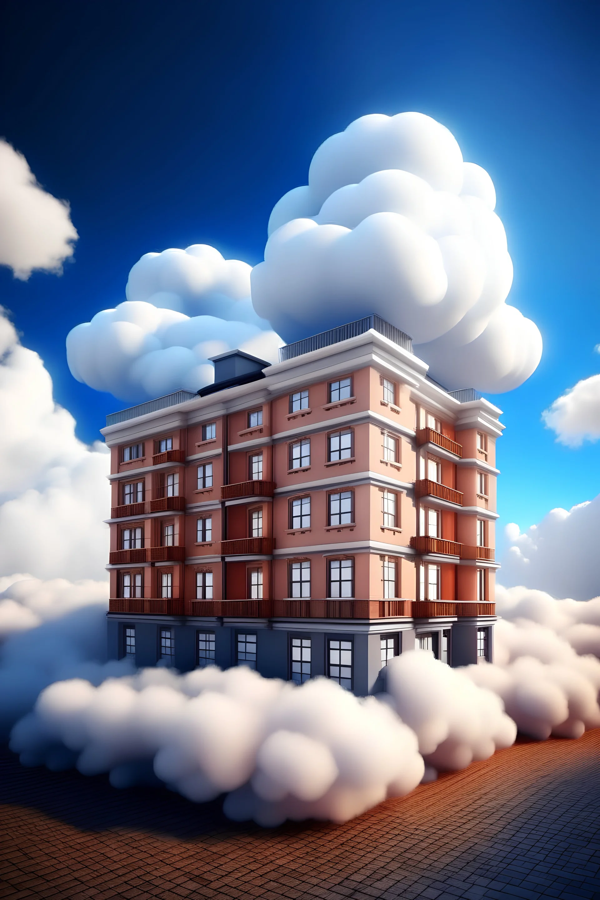 generate a Small hotel (view from outside), which building is literally looking like a cloud on the sky alswo with some elemts likme pillows, sweets etc