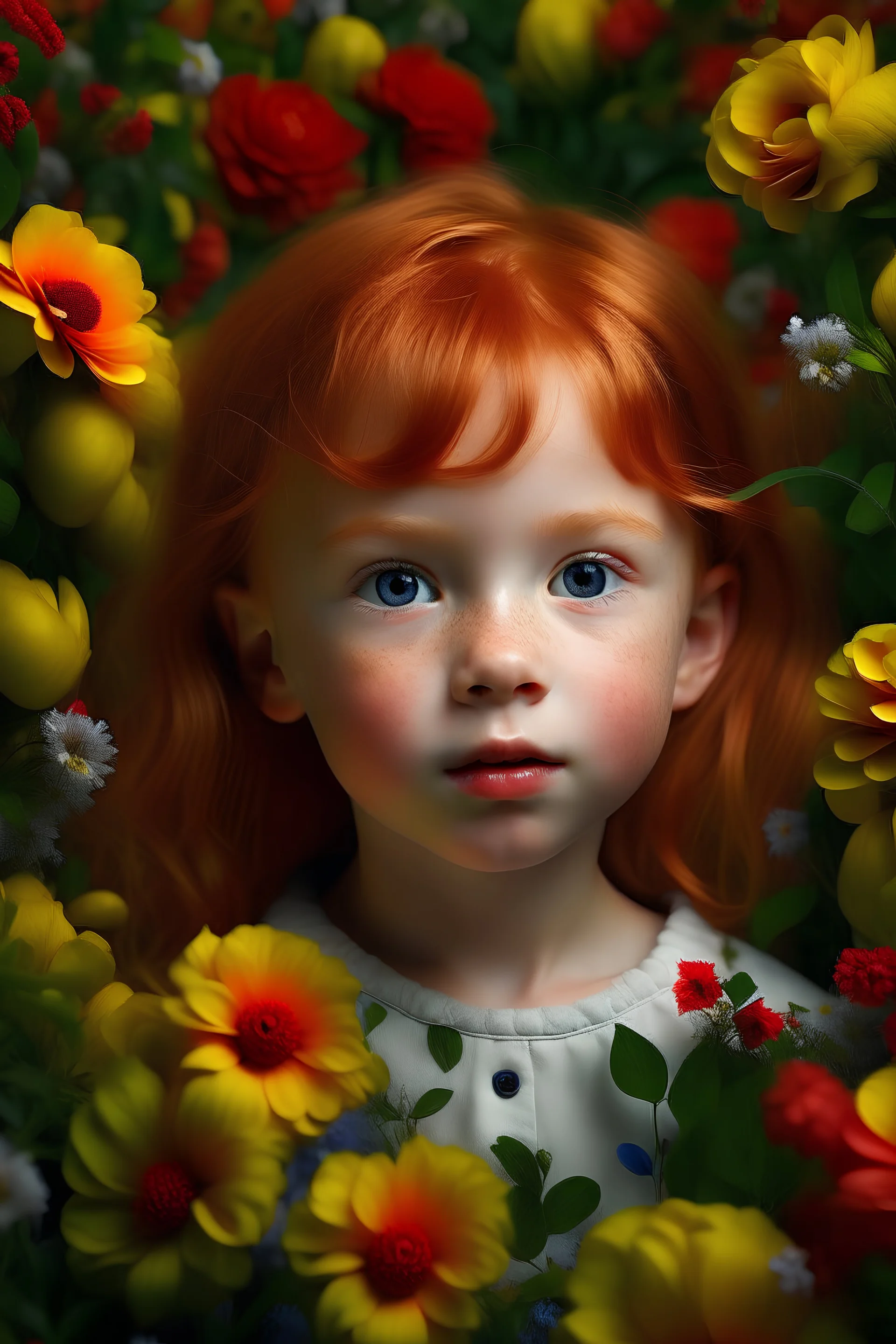 A hyper-realistic girl toddler with light red hair surrounded by flowers by yana movchan