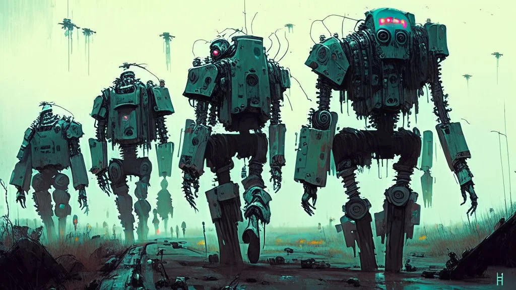 SiniArmy of the undead marching, post apocalyptic fashion, ((holographic grunge cyborg robot army)) melancholy robot mechs, RAW, gritty, high exposure, high contrast, digital & analog HUD, Spacepunk, indie horror, (((science fiction painting, Simon stålenhag, Denis Sarazhin, Alex Colville, Romain Trystram, Christopher Shy, Alejandro Burdisio, Rene Magritte, Tye Martinez, ominous sky))), alternate reality art, obscured lights, RAW, GRITTY, ambiguity, retrospective art, dusk, low light, techno got