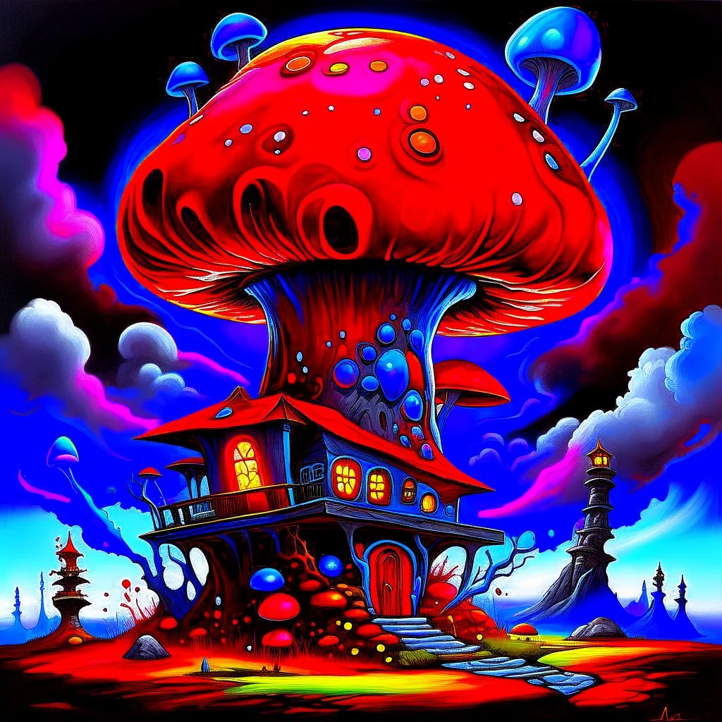 A fantabulous black, blue and red (((mushroom tower house))) erected atop a (geologic pillar), surrounded by the uncanny imaginative ((( swirling skies))), offset by the stark hues of a (neon-tinged nebulous space scape), within. captured by the hand a skilled master painter with a focus on (softly blurred compositions and voluminous lighting).