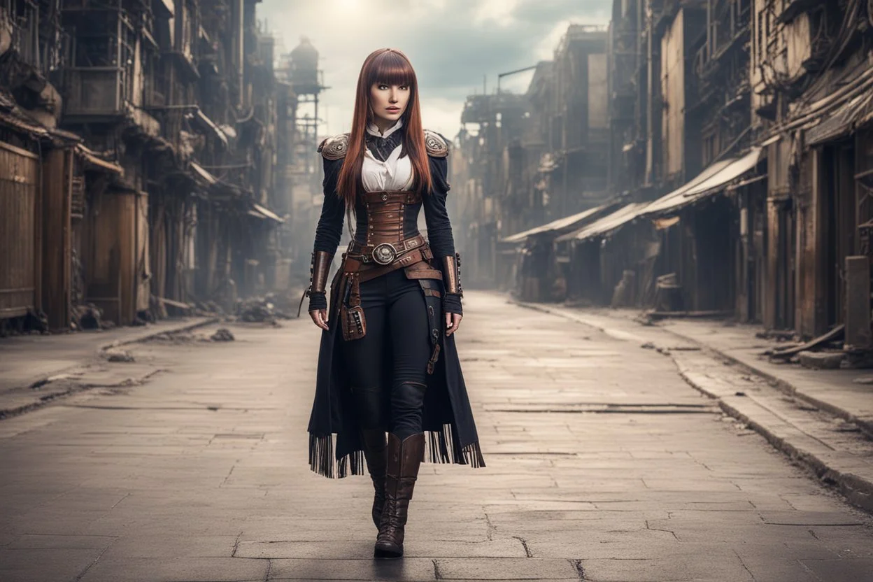 Full Body Photo Of A Woman With Straight Hair And A Fringe Hairstyle, heroic stance, Sci-Fi Steampunk street Background