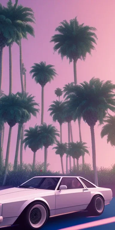 1980's aesthetic vaporwave palm trees with spheres and car