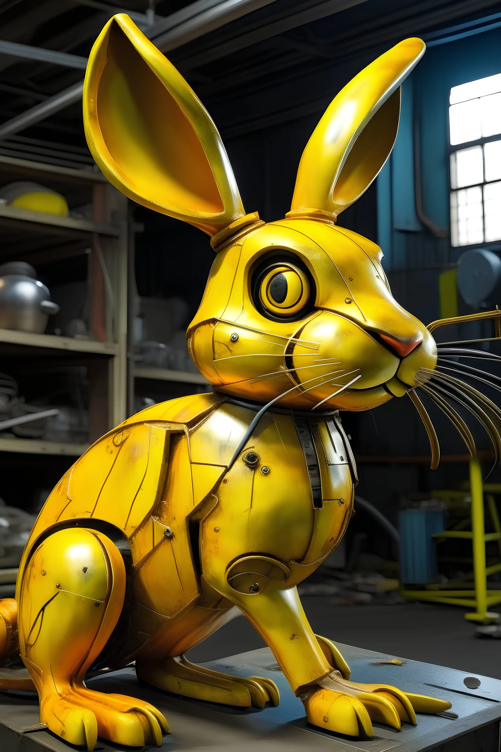 A yellow rabbit animatronic made out of metal