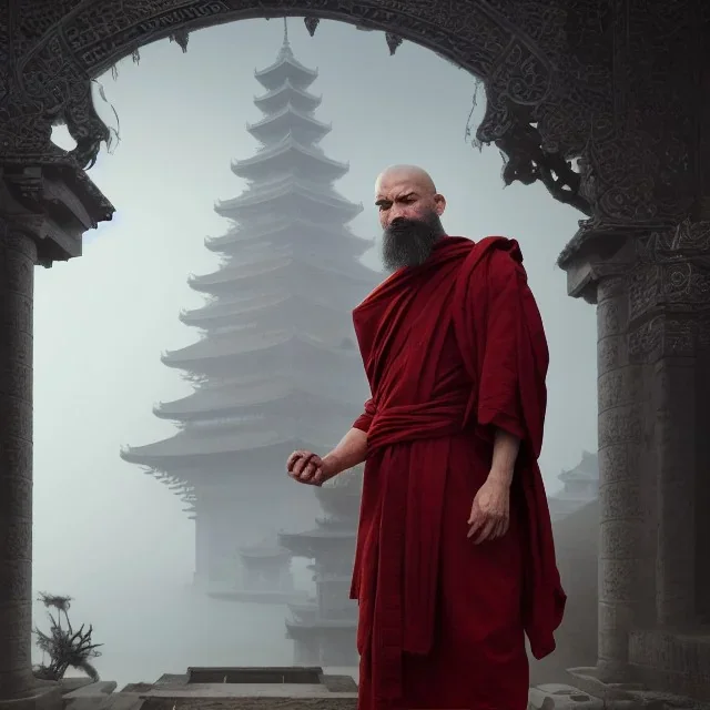 Portrait of a monk, fog, distant Asian temple, profile, grim, dark, Frank Frazetta, Greg Rutkowski, hyperdetailed, dnd, trending on Artstation, Splash screen art, dynamic lighting, hyperdetailed, intricately detailed, a masterpiece, 8k resolution, high contrast, bearded, red robe, detailed face