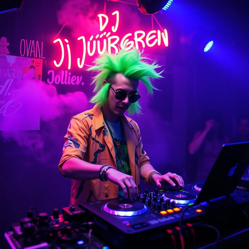 A DJ performing at dance club, his name DJ JüRGEN and looks crazy, crazy green hair with crazy outfit. Neon lights and smog, DJ JüRGEN SIGN ON WALL