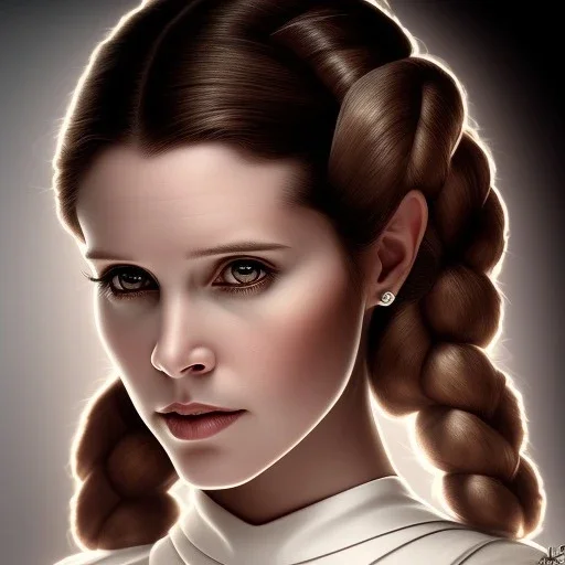 stunning half-body-portrait photo of princess leia from Star Wars played by Carrie Fisher, wlop, artgerm, akihiko yoshida, and liang xing, detailed face, doe eyes, intricate braided hair style, symmetrical eyes, trending on artstation, highly detailed, white dress, dynamic pose, intricate outfit, space ship and galaxy background