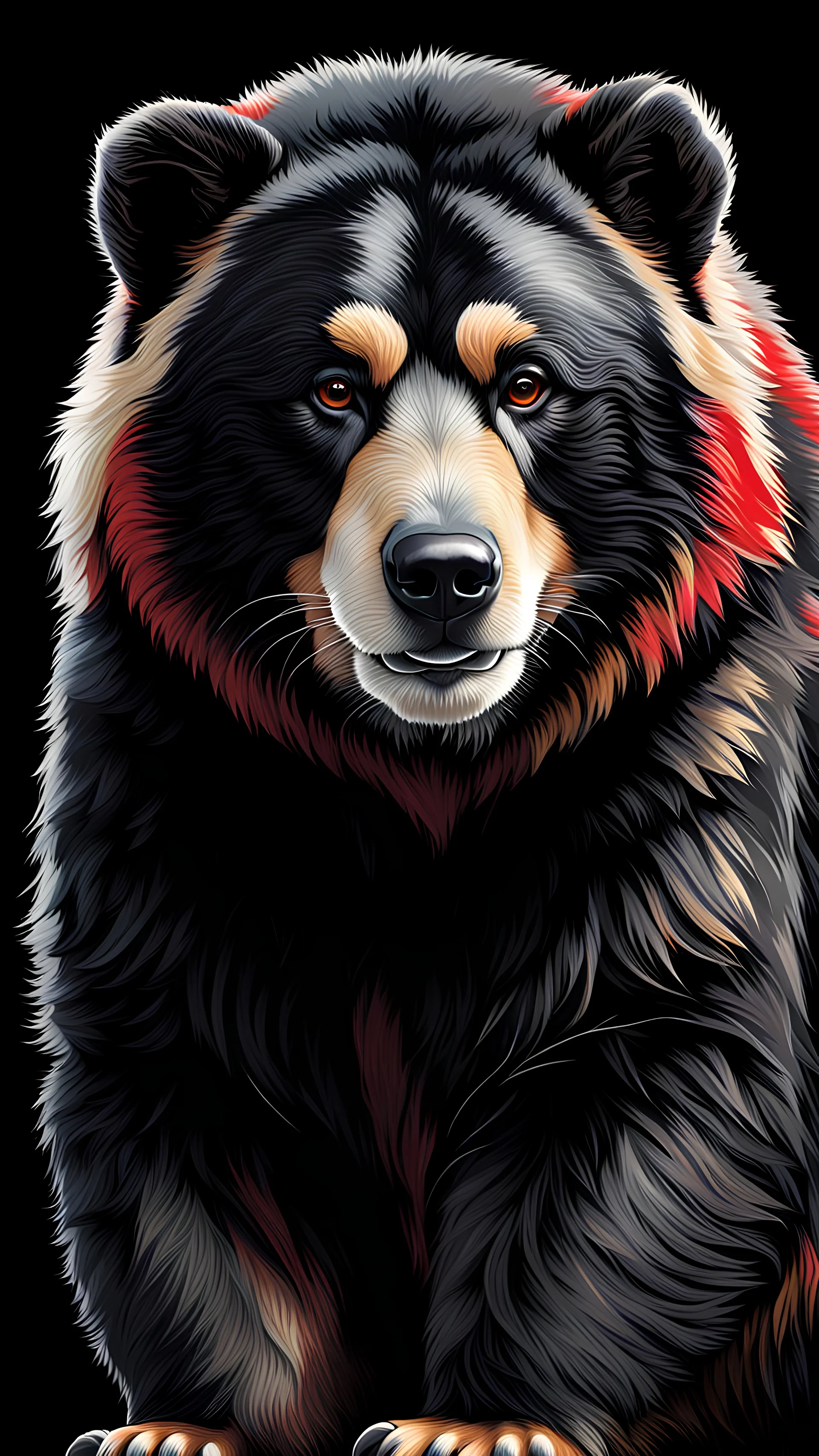 Art illustration lineal spectacled bear, Andean bear, art calidad ultra, hiperdetallado,12k, fondo negro, color blanco, rojo, negro y marrón full body