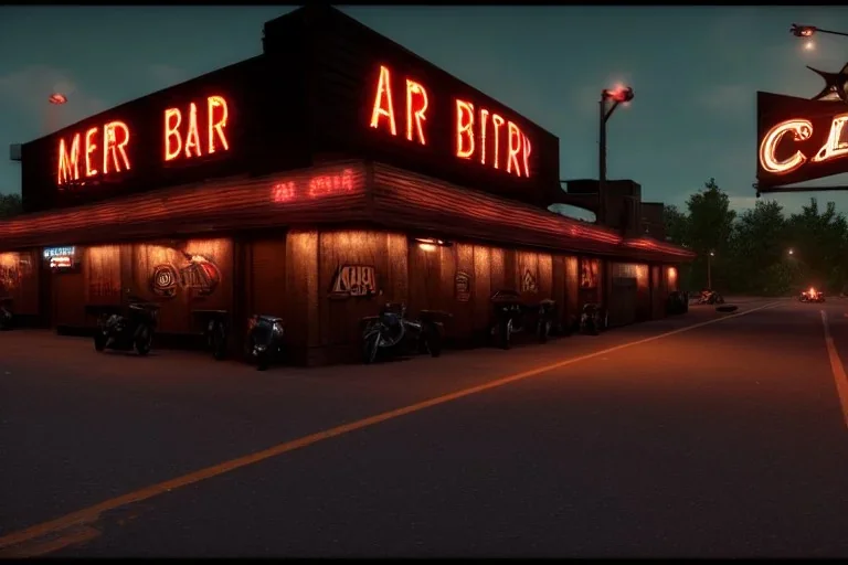  american biker bar, motorcycles, roadside ,country, night lighting , realistic, unity engine, cinematic lighting, scriptable render pipeline.