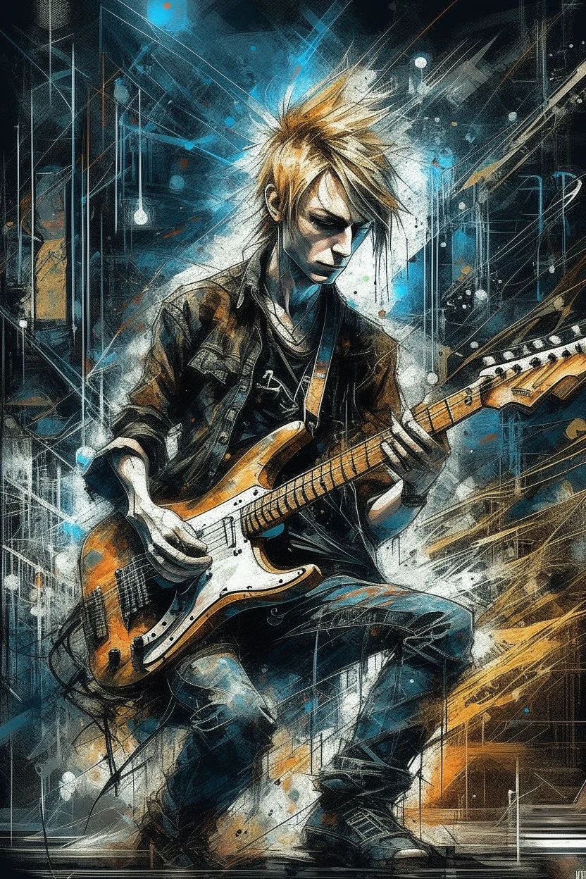 A ultra realistic poster of a rock and roll guy playing electric guitar , having word sign as “street art ”, by Daniel Castan Carne Griffiths Andreas Lie Russ Mills Leonid Afremov, black background, fine lines draw, smile, standing in the temple