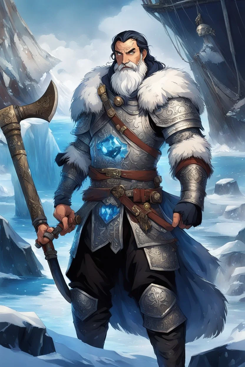 in anime style,1older man, a older man with blue eyes and black hair man in silver Viking armor with fur around the neck with blue crystal on his chest holding an axe in his hands standing on a pirate ship in the artic, warrior in anime style,