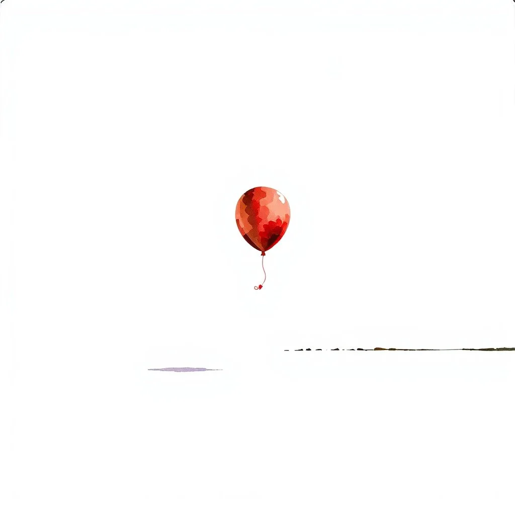 hyper-minimalism, lots of negative blank white space, from a great distance a Red Balloon floating Against a White Sky very far away, watercolor alcohol ink, hint of a landline on horizon, expansive, artistic