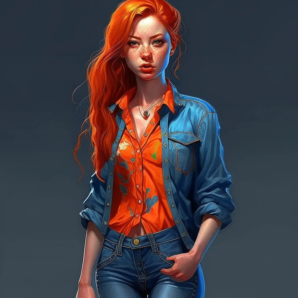 pretty girl, young adult, ginger, conventionally attractive, colourful clothes, realism, jeans, sexy