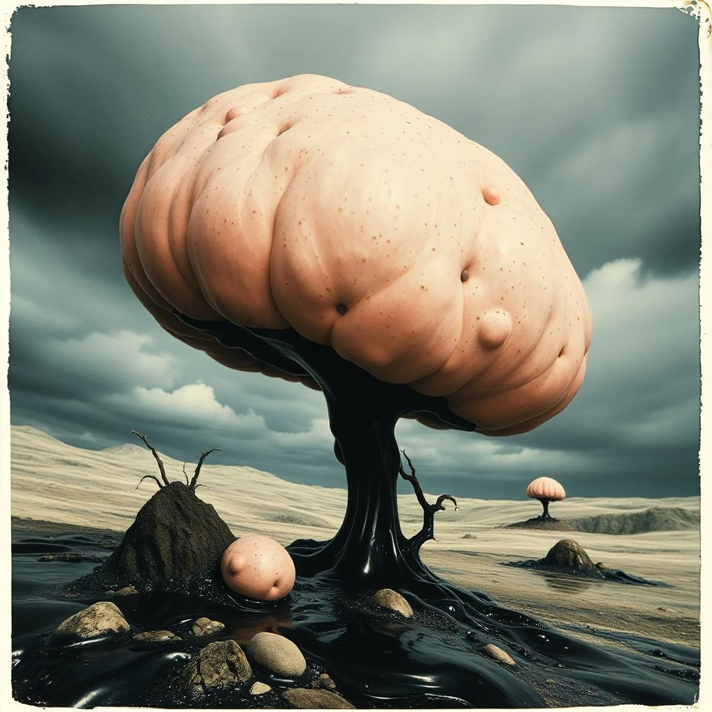 Photography polaroid close-up of a random landscape with massive odd Yves Tanguy incomprehensible style Surrealism, glossy, organic, creepy tumor mass growing, strong texture, fiotti di liquido nero, horror, panic, obsessive, hypnotic.