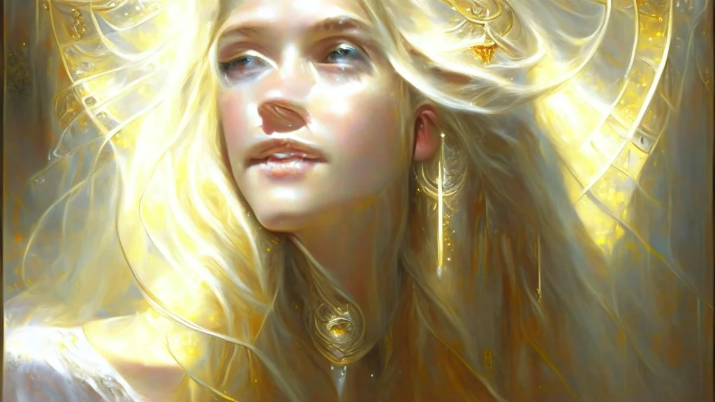 In Casey Baugh's evocative style, art of a beautiful young smiling blonde girl with long brown hair, futuristic, scifi, intricate, elegant, highly detailed, majestic, Baugh's brushwork infuses the painting with a unique combination of realism and abstraction, greg rutkowski, surreal gold filigree, broken glass, (masterpiece, sidelighting, finely detailed beautiful eyes: 1.2), hdr, realistic painting,